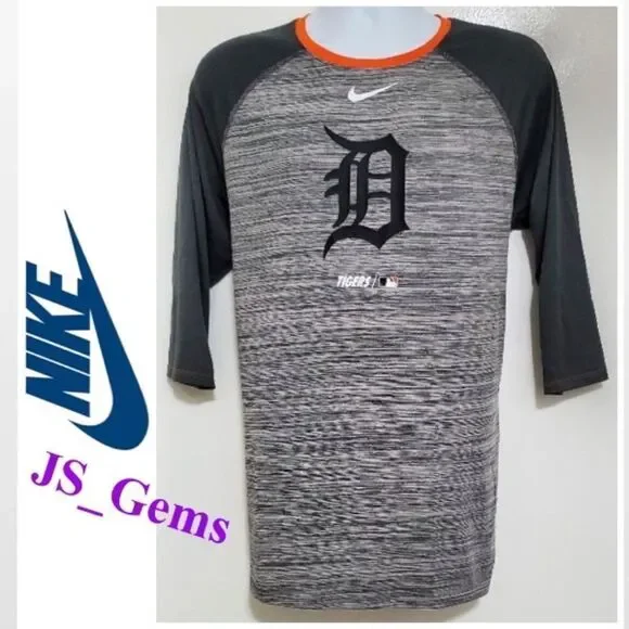 Nike Top Mens Large MLB Detroit Det. Tigers Grey Raglan Baseball Sport Shirt - Picture 1 of 14